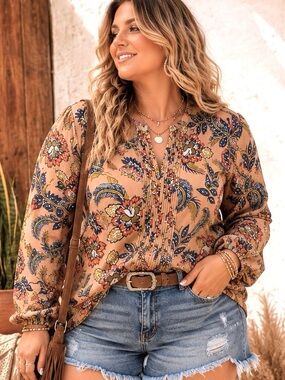 Lands' End Long Sleeve Floral Paisley 100% Silk Blouse Size 16W